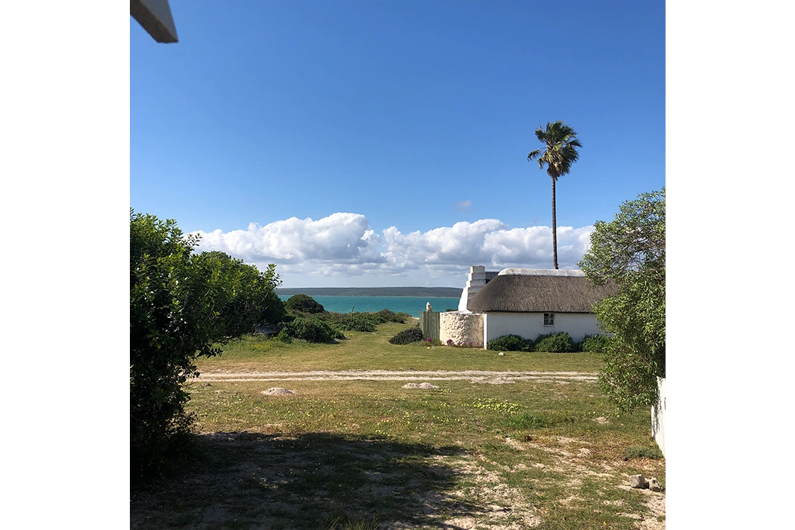 Perfect Hideaways property for sale: A scenic coastal landscape with a rustic thatched cottage, a tall palm tree, and lush greenery under a bright blue sky with fluffy clouds. The tone is serene and peaceful. The Cottage in Churchhaven.