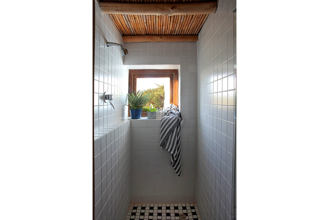 Perfect Hideaways property for sale: Bright shower with white tiles and bamboo ceiling, featuring a striped towel, green plants, toiletries on a windowsill, and patterned floor tiles. Whale Cottage in Paternoster.