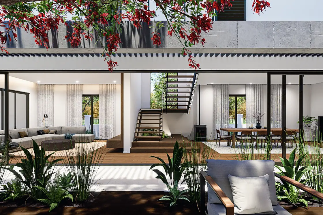 Perfect Hideaways property for sale: Modern open-concept living room with large windows, a cozy gray sectional, wooden dining table, indoor plants, and red flowers above. Coral Tree House, Paarl.
