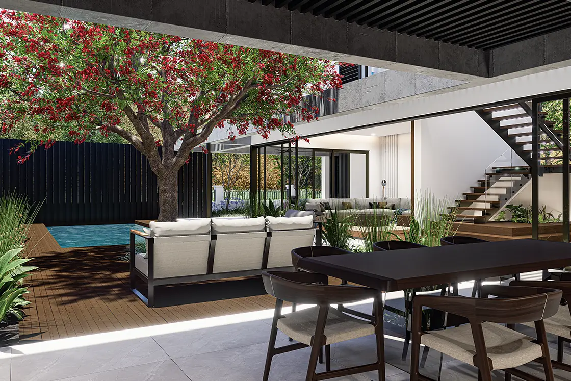 Perfect Hideaways property for sale: Modern patio with a wooden deck, surrounded by lush greenery. Features a blossoming tree, seating area, pool, and sleek outdoor dining set under open sky. Coral Tree House, Paarl.
