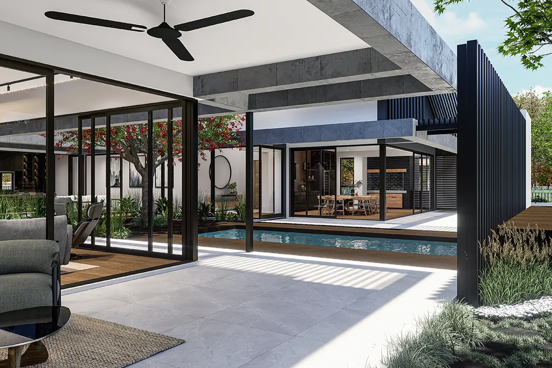 Perfect Hideaways property for sale: Modern minimalist courtyard with large glass walls, a pool, sleek black ceiling fan, and lush greenery. Bright and open ambiance with natural light. Coral Tree House, Paarl.