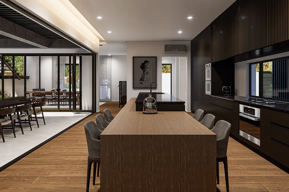 Perfect Hideaways property for sale: Modern kitchen with a large wooden island, black cabinetry, and gray chairs. Open dining area visible through glass doors, creating a sleek, spacious feel. Coral Tree House, Paarl.