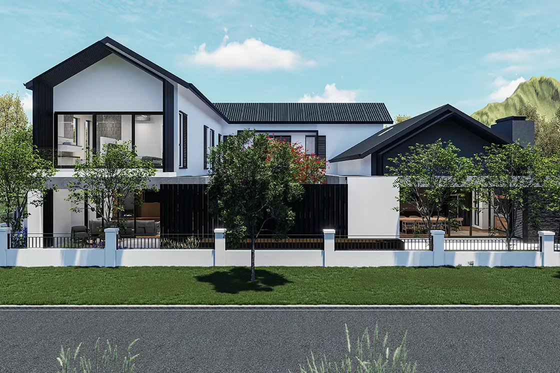 Perfect Hideaways property for sale: Modern two-story house with black and white facade, large windows, surrounded by trees and a white fence; clear blue sky above enhances the fresh vibe. Coral Tree House, Paarl.