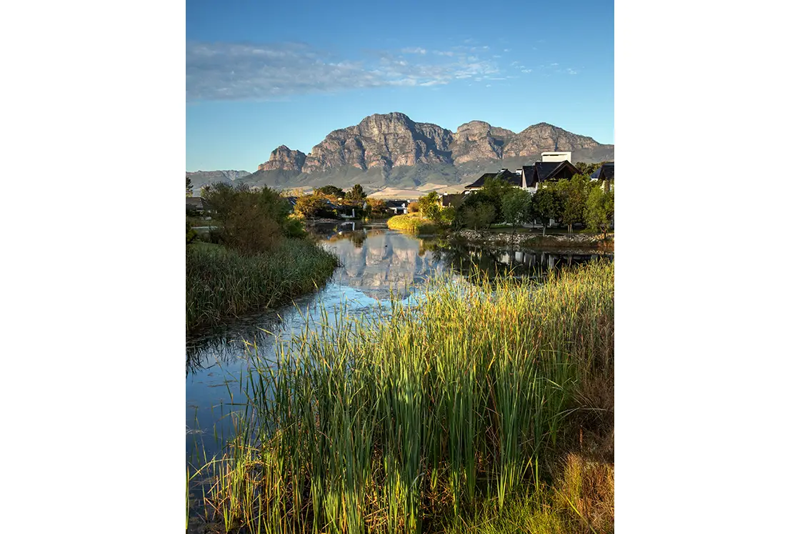 Perfect Hideaways property for sale: A serene landscape of a calm river lined with tall grass and trees, reflecting distant mountains under a clear blue sky. Peaceful and picturesque setting. Coral Tree House, Paarl.