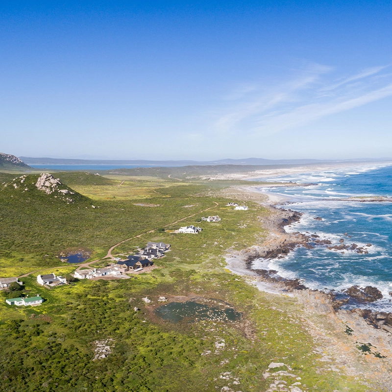 Perfect Hideaways real estate property: Aerial view of a rugged coastline with waves crashing against rocks, green landscape dotted with houses, and a bright blue sky above, conveying tranquility. Kraalhuis, Postberg Nature Reserve.
