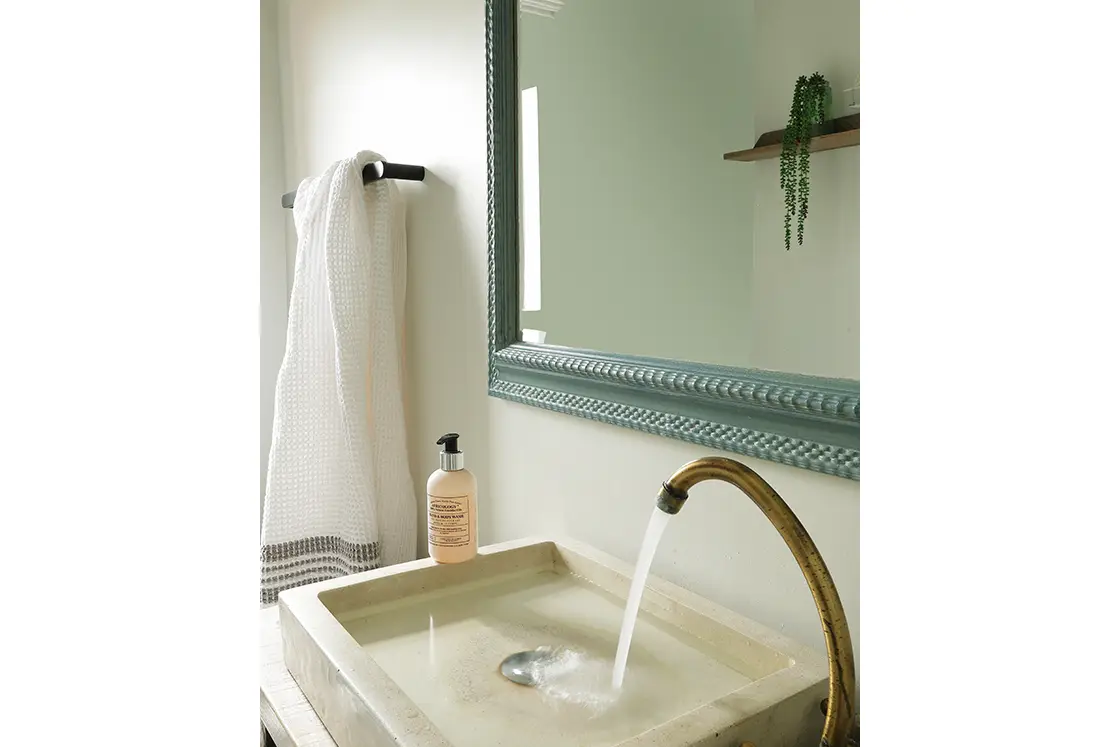 Perfect Hideaways real estate property: Modern bathroom with a flowing faucet over a rectangular beige sink, a large mirror with a textured frame, and a hanging plant on a shelf. Fynbos Cottage, Churchhaven.