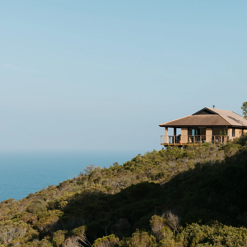 Perfect Hideaways real estate property: A single-story house with a brown roof sits atop a lush green hill overlooking a vast, calm ocean under a clear blue sky, evoking tranquility and seclusion. Edge of Eden, Victoria Bay.