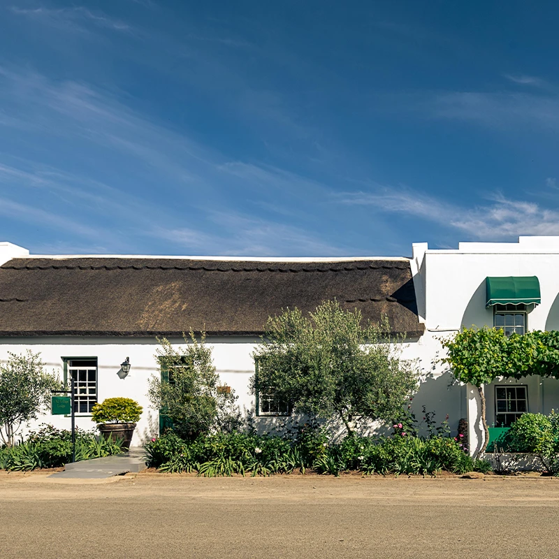 Perfect Hideaways real estate property: A charming white cottage with a thatched roof and green awnings is surrounded by lush greenery under a clear blue sky, evoking a peaceful, idyllic atmosphere. Olive Grove house, McGregor.