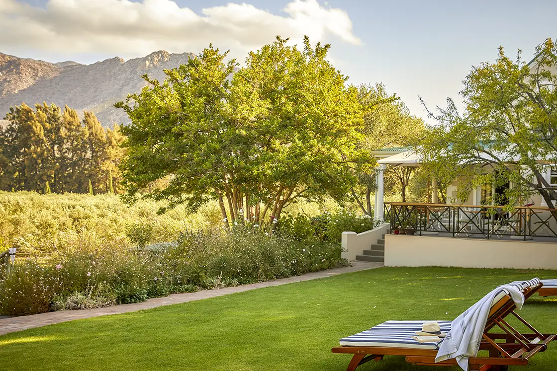 Perfect Hideaways real estate property: A serene outdoor scene featuring a well-maintained lawn, a wooden lounge chair with a towel draped over it, and lush greenery surrounding a cozy house, set against the backdrop of mountains and blue skies. Montagu, Montagu Vines Guesthouse.