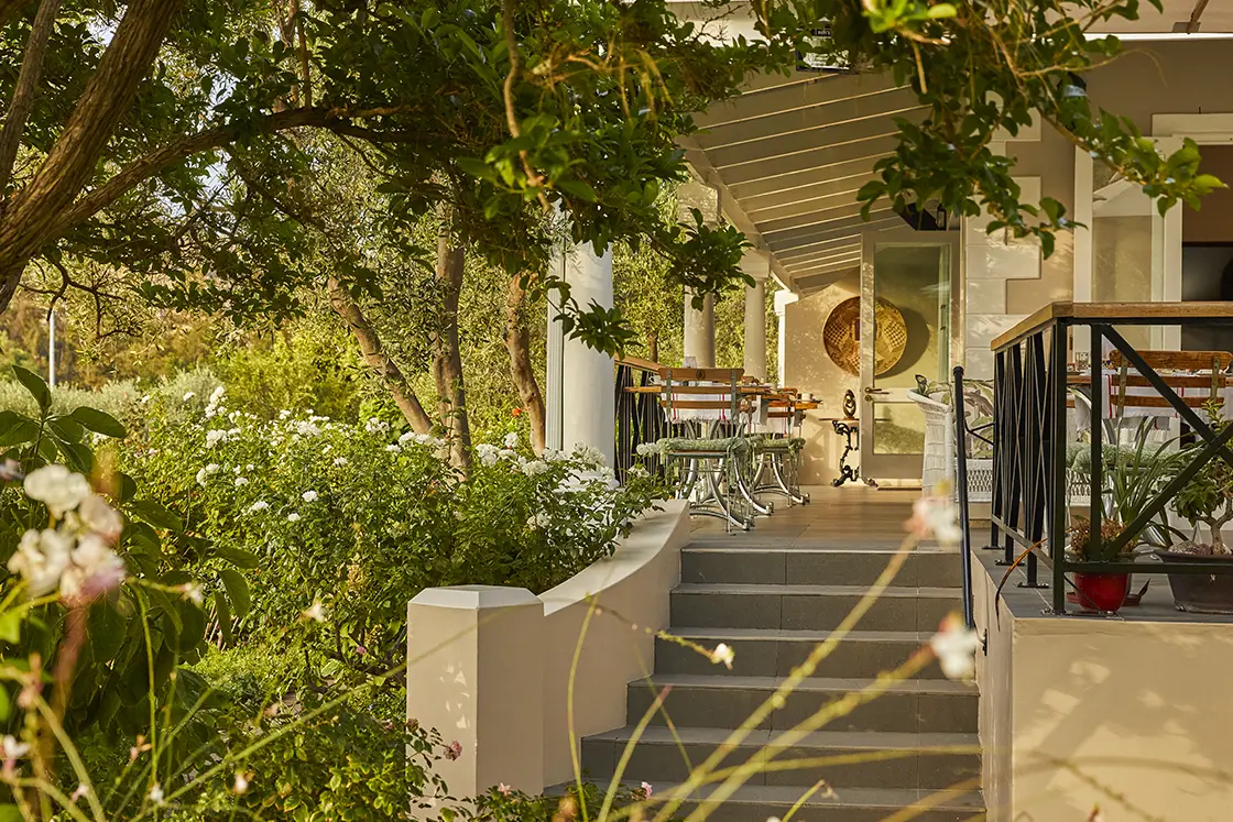 Perfect Hideaways real estate property: A cozy porch area with outdoor seating and a view of lush greenery. Montagu, Montagu Vines Guesthouse.