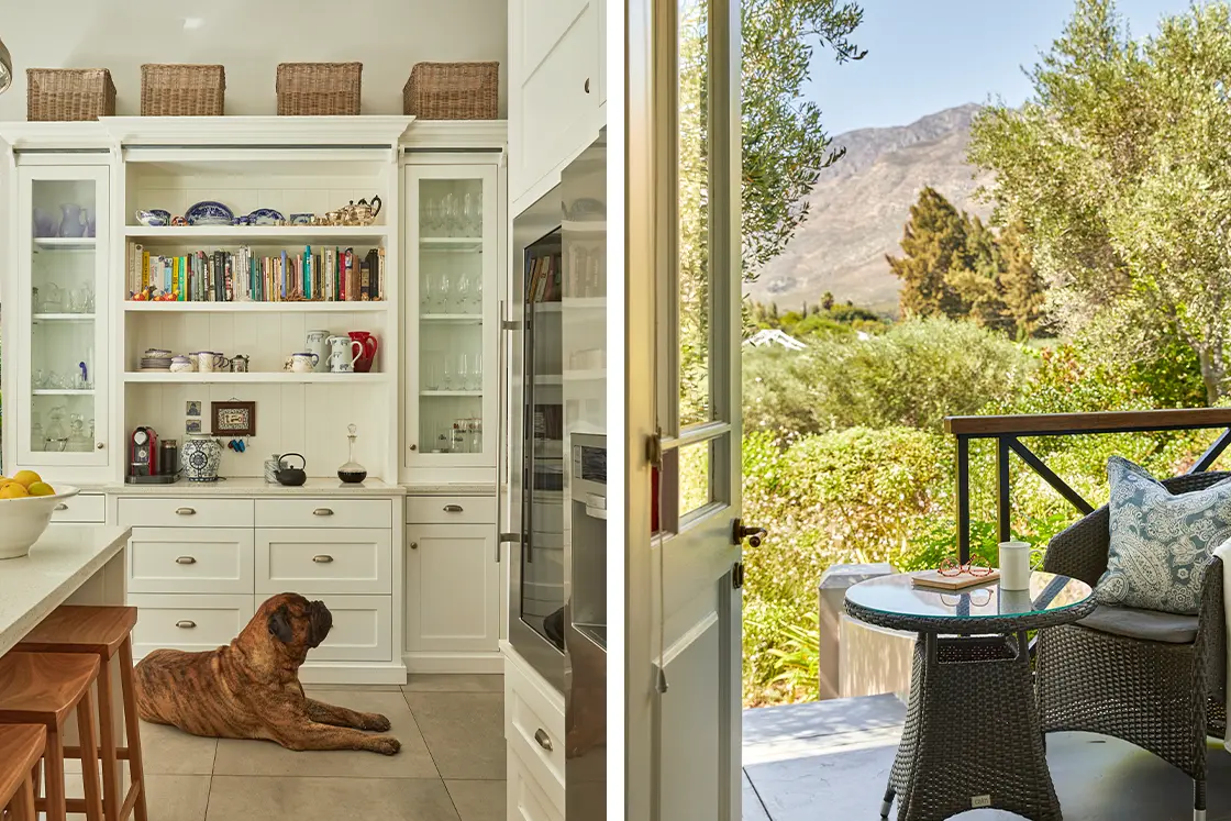 Perfect Hideaways real estate property: A kitchen with a dog lying on the floor and a doorway leading to an outdoor view of trees and mountains. Montagu, Montagu Vines Guesthouse.