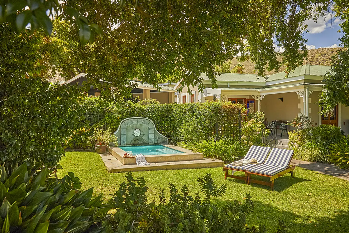 Perfect Hideaways real estate property: A peaceful garden scene featuring a small swimming pool surrounded by greenery, with a striped lounge chair in the foreground. Montagu, Montagu Vines Guesthouse.