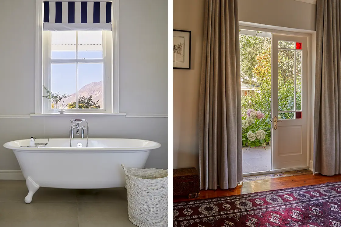 Perfect Hideaways real estate property: A bathroom featuring a freestanding bathtub next to a window with striped curtains; the second image shows a doorway with light-colored curtains revealing a garden outside. Montagu, Montagu Vines Guesthouse.