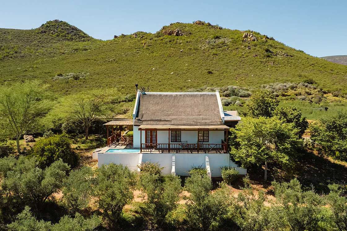 Perfect Hideaways real estate property: A rustic house with a thatched roof is nestled in a lush green landscape with rolling hills. Surrounding trees and shrubs enhance the serene setting. Cloeten Farm & Guest Cottages, Robertson.